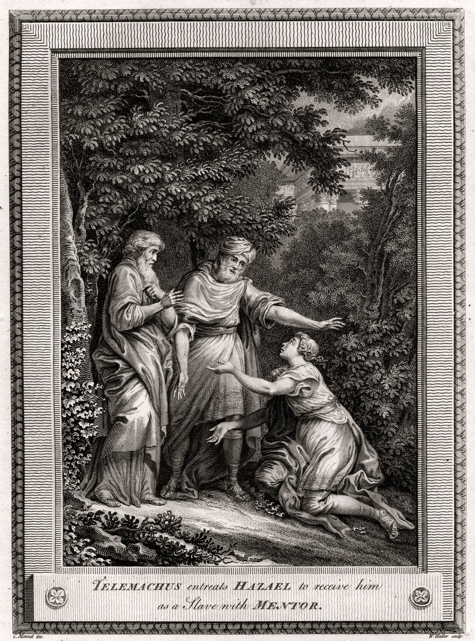 Telemachus pyytää Hazaelia ottamaan hänet orjaksi mentorin kanssa, 1775 tekijältä W. Walker