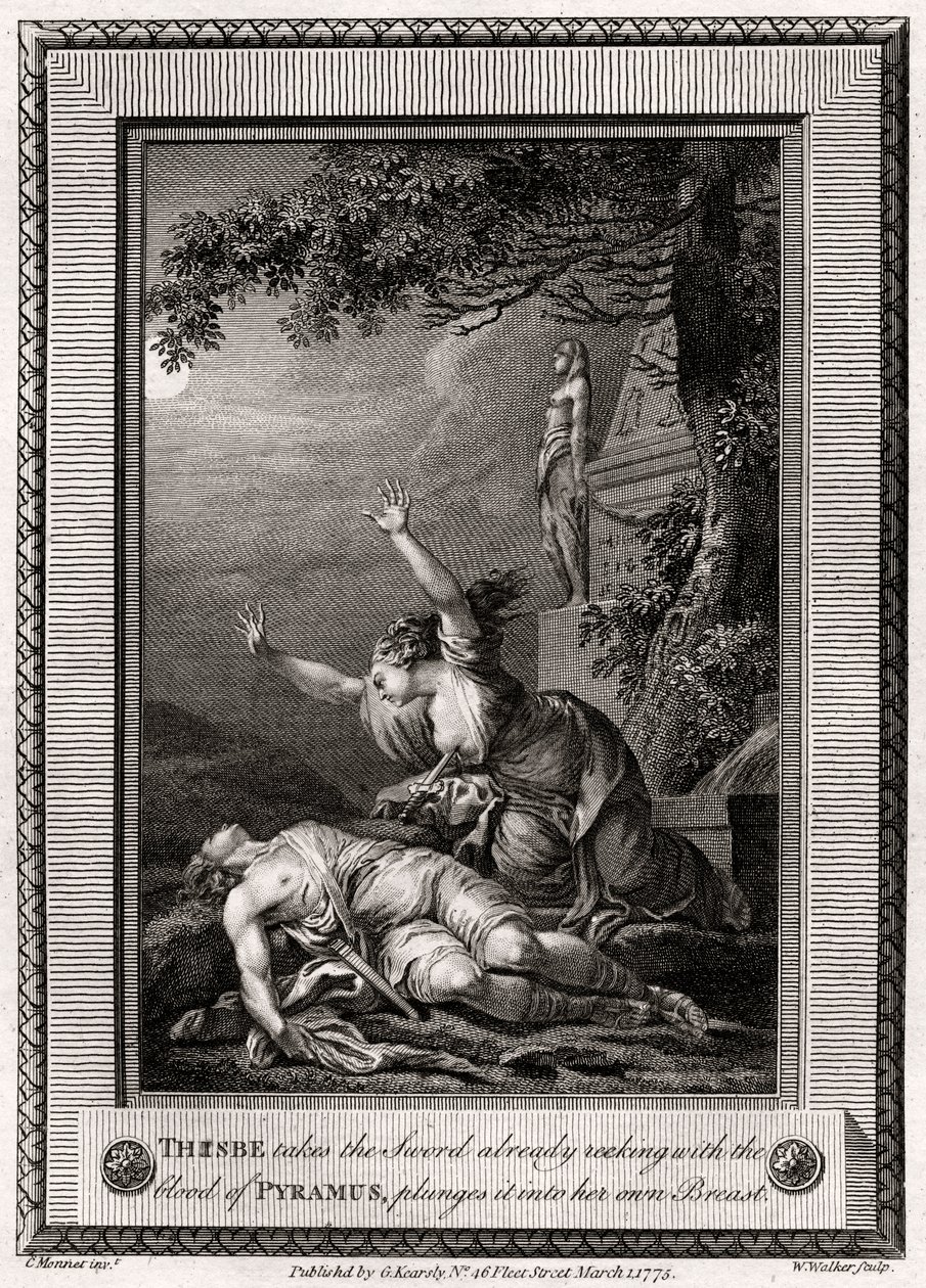 Thisbe ottaa miekan, joka haisee jo Pyramuksen vereltä, syöksyy sen..., 1775. tekijältä W. Walker