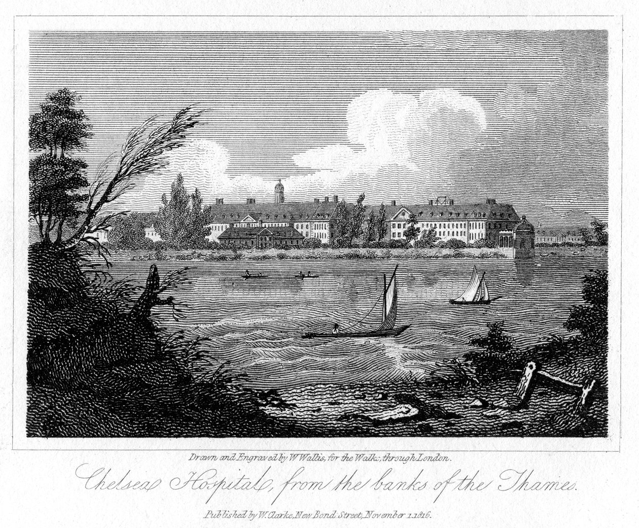 Chelsea Hospital, Banks of the Thames, Lontoo, 1816. tekijältä W. Wallis