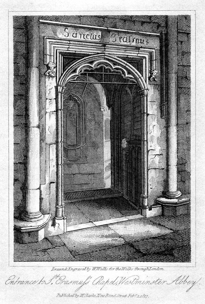 Sisäänkäynti St Erasmus Chapeliin, Westminster Abbey, Lontoo, 1817. tekijältä W. Wallis