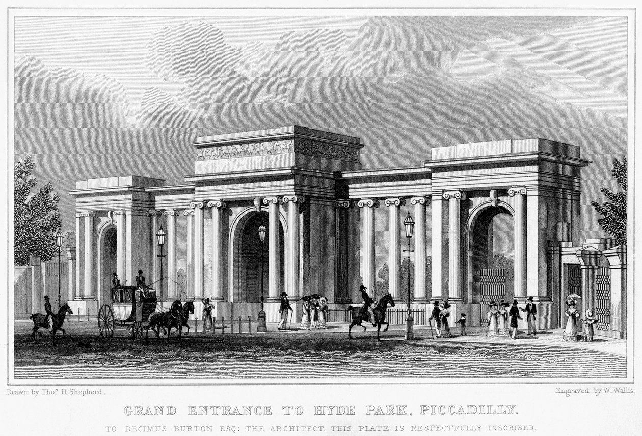 Suuri sisäänkäynti Hyde Parkiin, Piccadillyyn, Westminsteriin, Lontooseen, 1800-luku. tekijältä W. Wallis