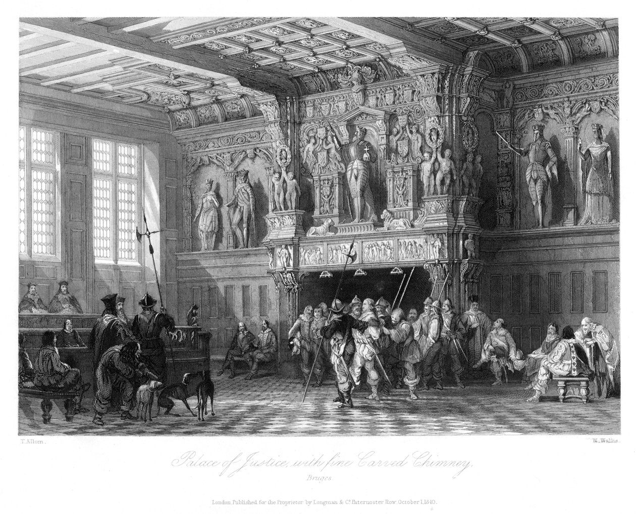 Oikeuspalatsi, jossa on hieno veistetty savupiippu, Brugge, 1840 tekijältä W. Wallis