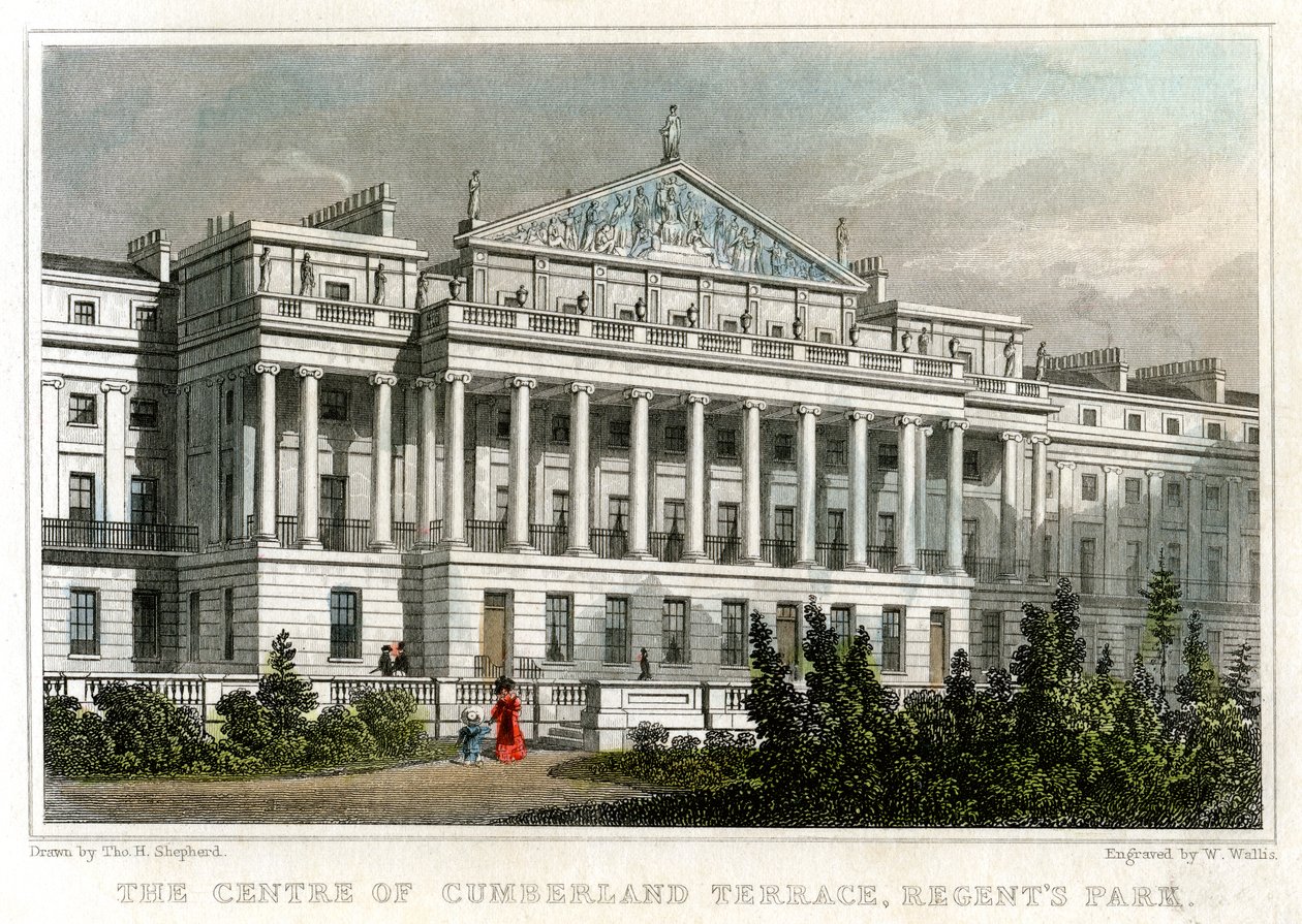 Cumberland Terracen keskus, Regents Park, Lontoo, 1829. tekijältä W. Wallis