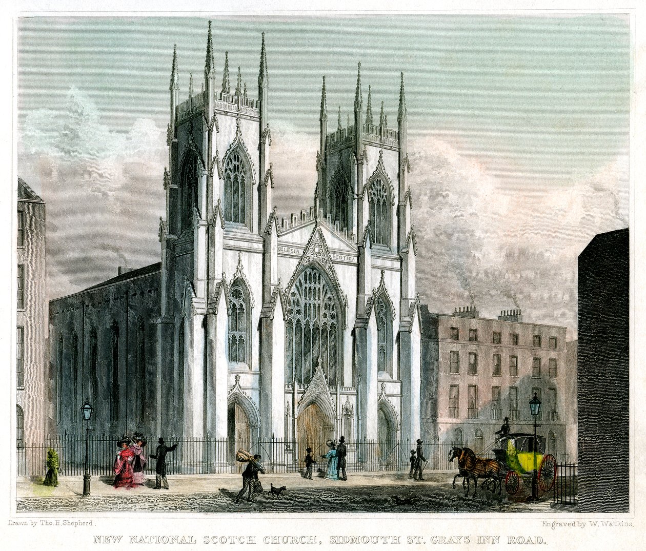 New National Scotch Church, Sidmouth Street ja Grays Inn Road, Lontoo, 1829. tekijältä W Watkins