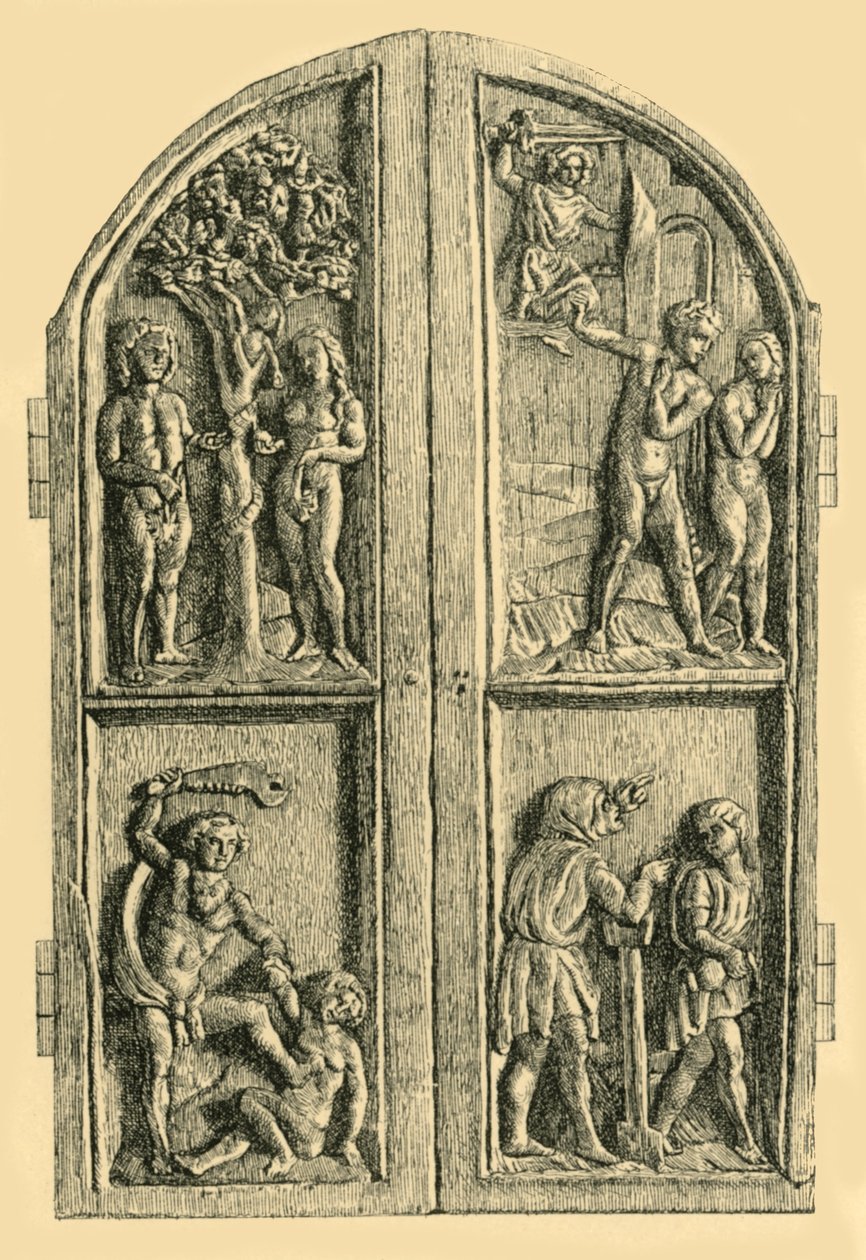Puinen diptyykki, jossa on kohtauksia Genesiksen kirjasta, 1800-luvun puoliväli, 1881. tekijältä W. Wise