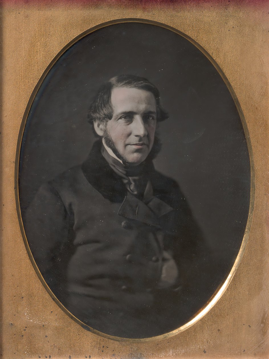 Keski-ikäinen mies, jolla on leukahihnaparta, käsin työnnetty nappitakki, 1840-50-luku tekijältä W. and F. Langenheim