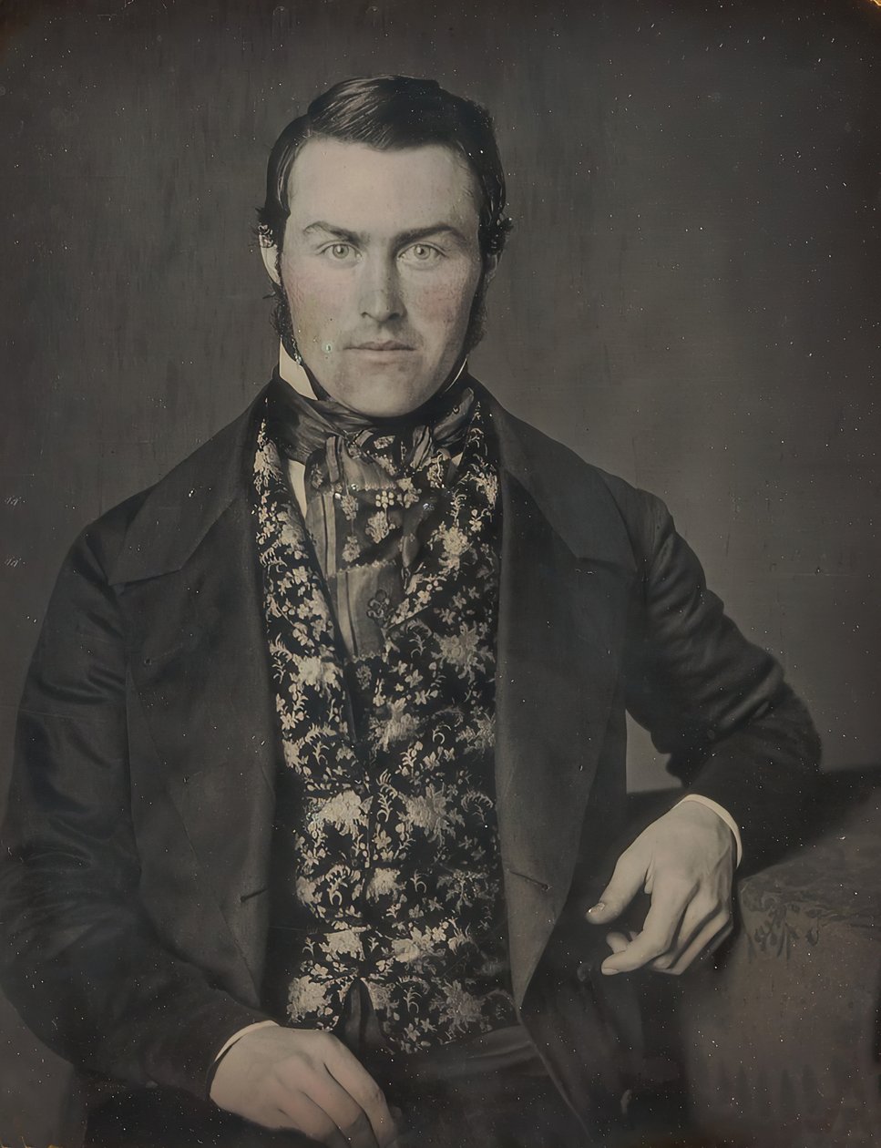 Istuva mies kukkaliivissä, 1840-50-luku tekijältä W. and F. Langenheim