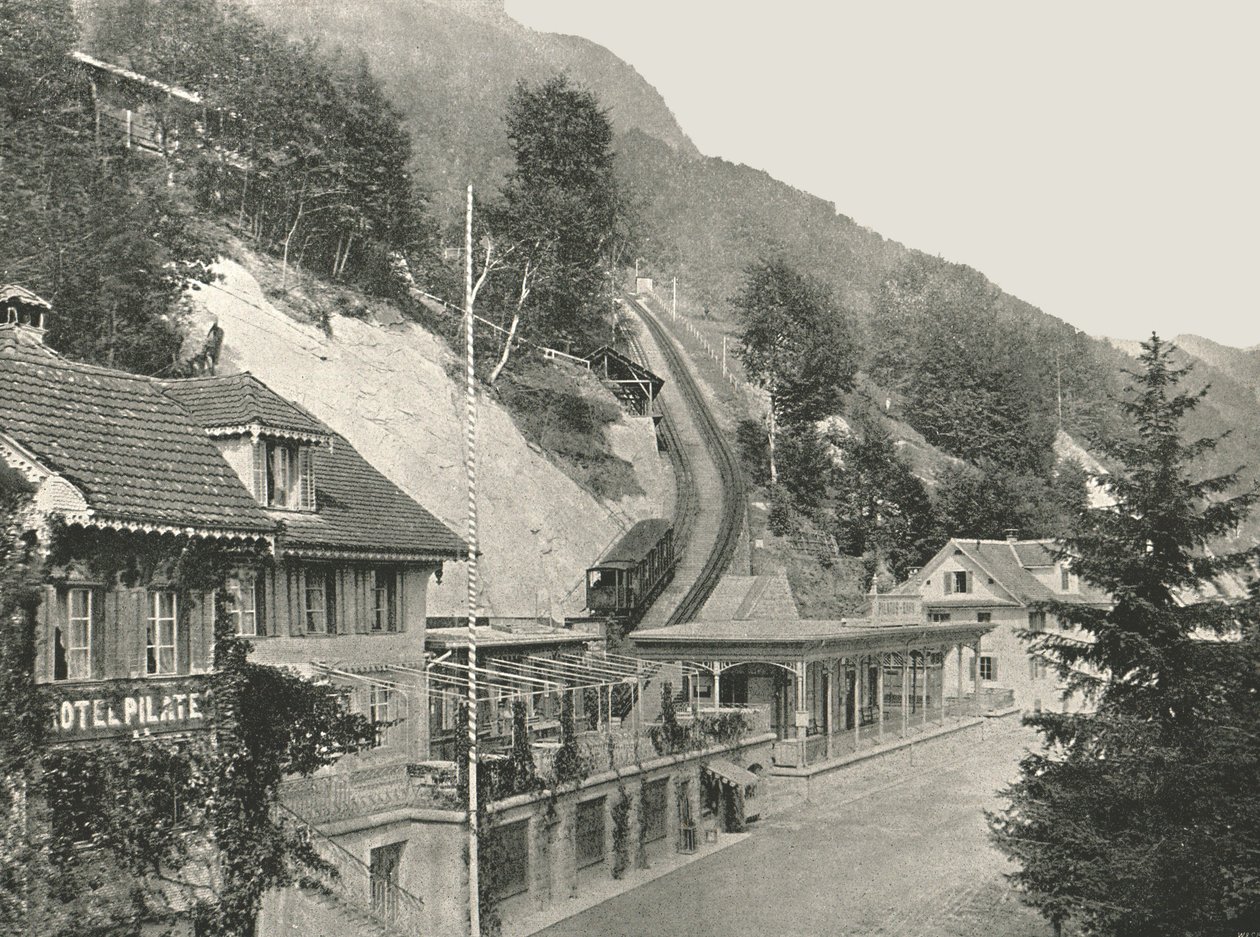 Pilatus-rautatien lähtöpiste, Alpnachstad, Sveitsi, 1895. tekijältä W and S Ltd