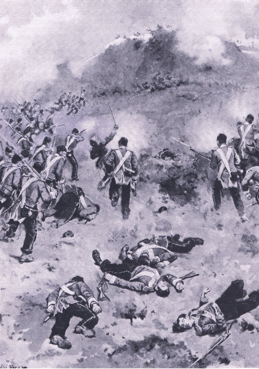 Assault on the Redan, kuvitus brittiläisistä taisteluista maalla ja merellä, 1915 tekijältä Wal Paget