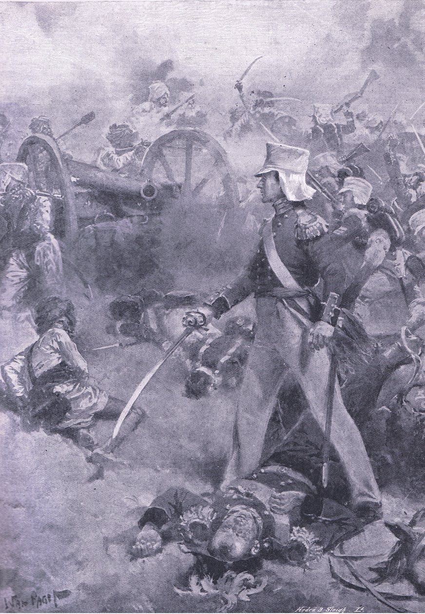 Chilianwala, 13. tammikuuta 1849: Pennycuickin ruumis, jota hänen poikansa vartioi, kuva brittiläisistä taisteluista maalla ja merellä, 1915 tekijältä Wal Paget