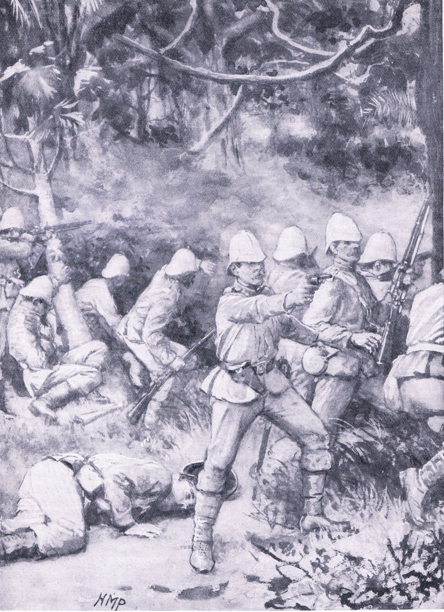 Taistelu tiellä metsän läpi matkalla Coomassieen, esimerkki teoksesta "British Battles on Land and Sea" tekijältä Wal Paget
