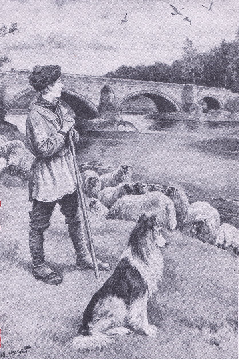 Musselburghin vanhan roomalaisen sillan näkeminen herättää John Rennien paimenpojan mielikuvituksen, My Magazine, pub.1922 (litho) tekijältä Wal Paget
