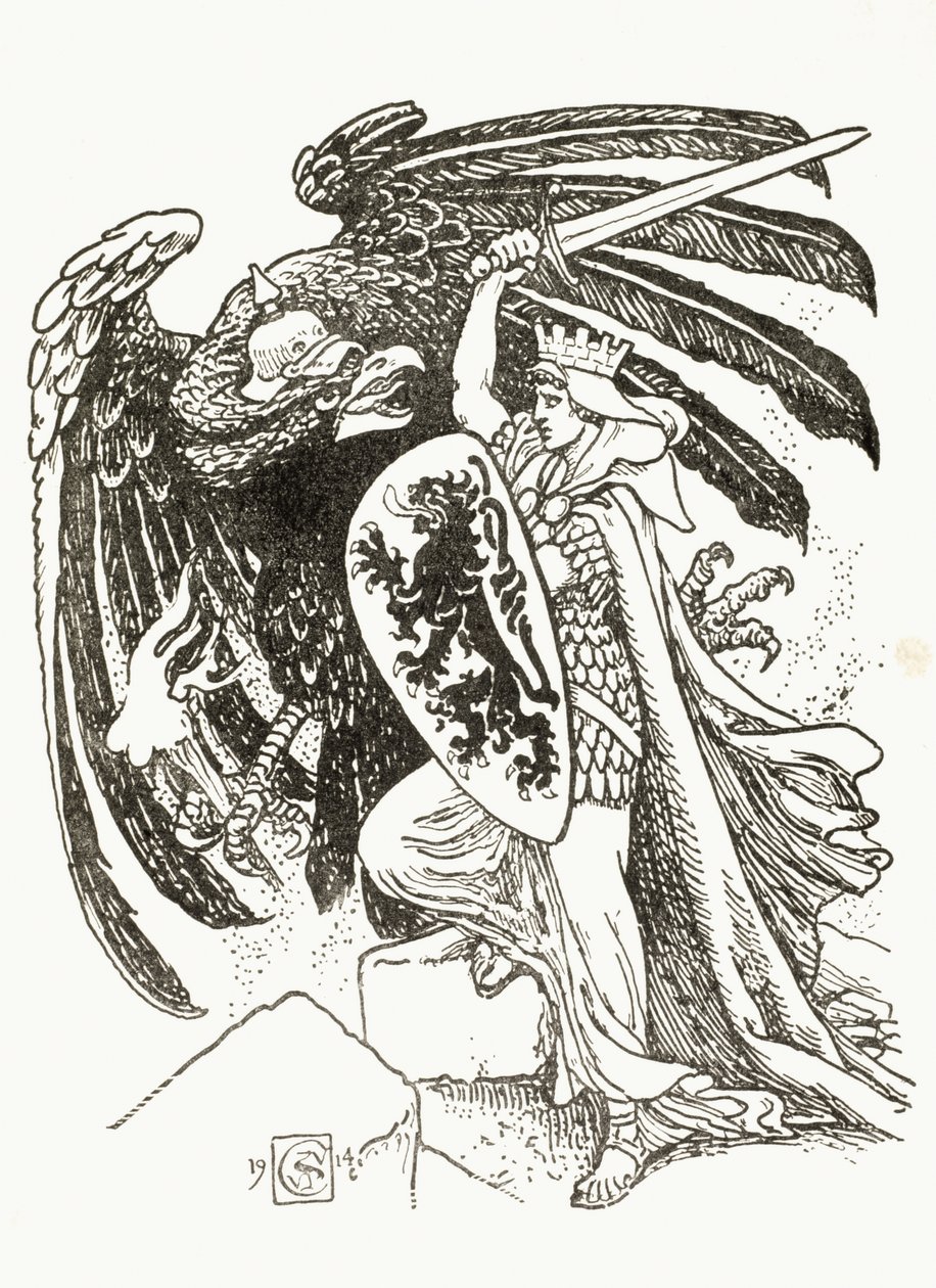 Belgialainen soturi, joka taistelee saksalaisen kotkan kanssa, 1915 tekijältä Walter Crane