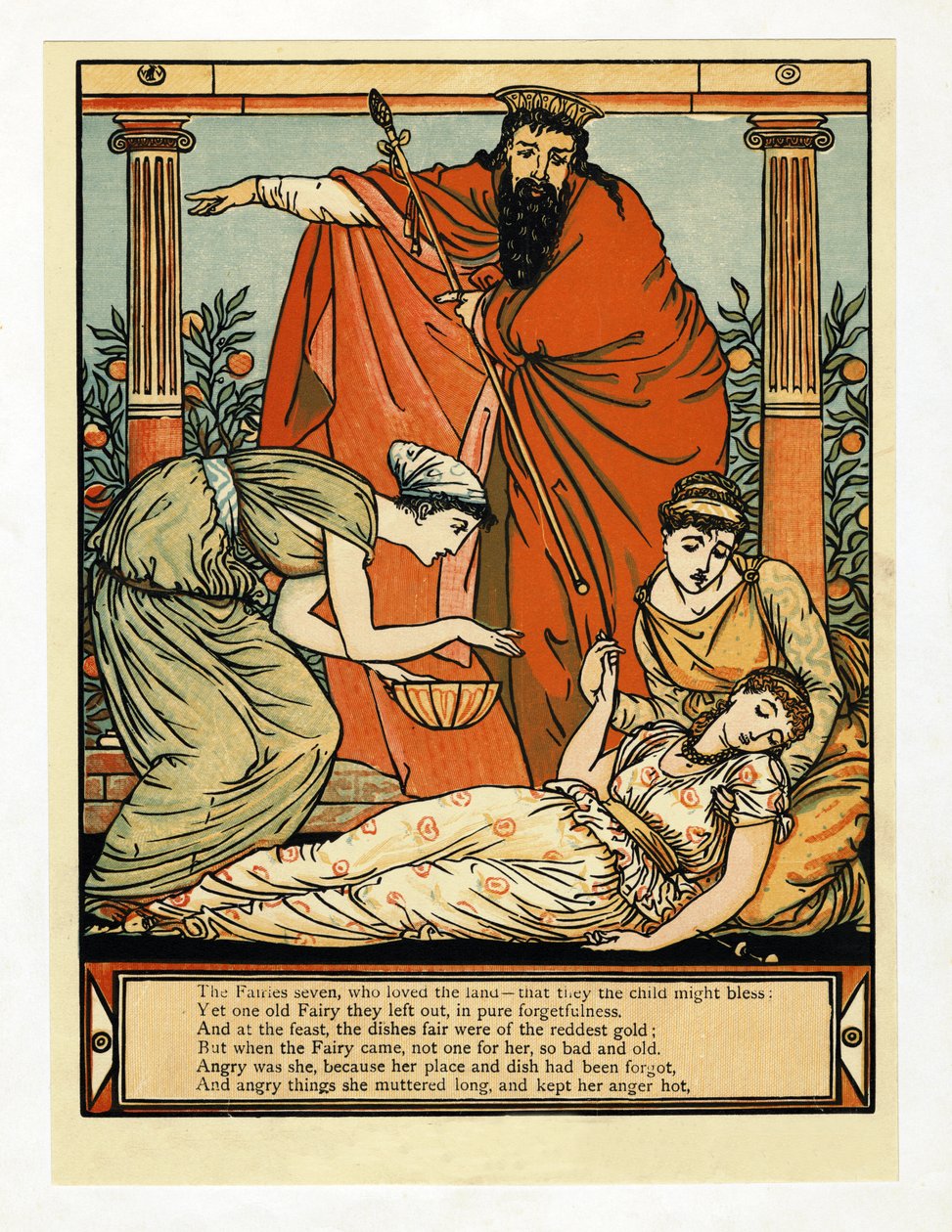 Ja alas hän kaatuu kuoleman kaltaiseen uneen, The Blue Beard Picture Bookista, pubista. 1879 tekijältä Walter Crane