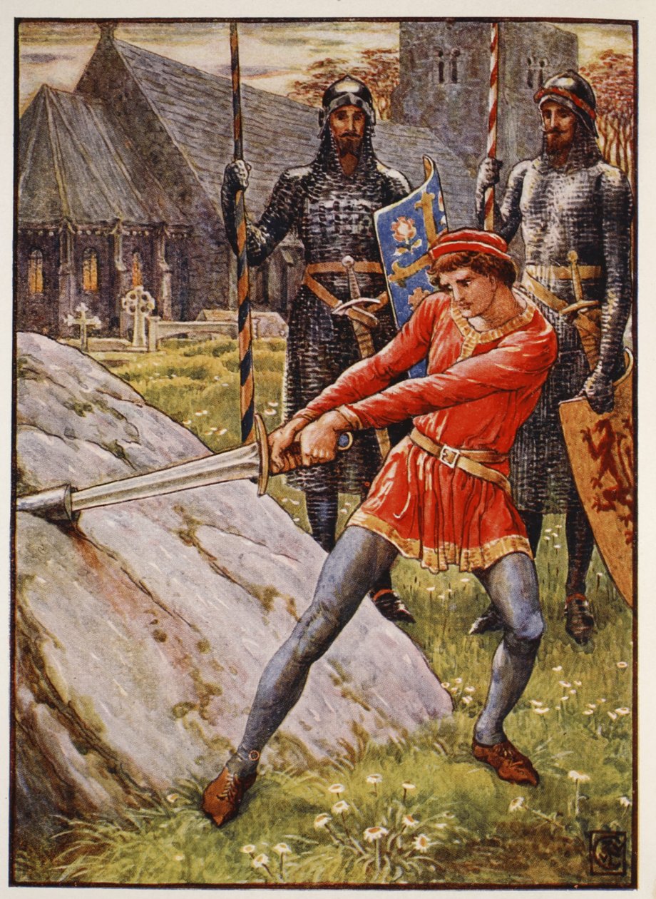 Arthur vetää miekan kivestä, etukappale Henry Gilbertin "Pyöreän pöydän ritarien tarinat", ensimmäinen painos, 1911 tekijältä Walter Crane