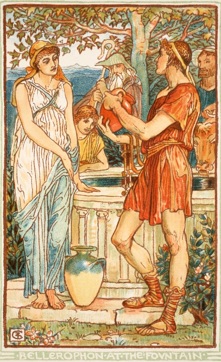 Bellerophon suihkulähteellä, kuvitus Nathaniel Hawthornen "Ihmekirjasta tytöille ja pojille", 1852 tekijältä Walter Crane