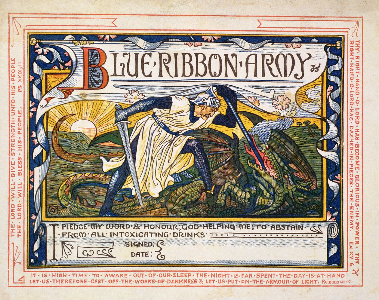 "Blue Ribbon Army, lupaus raittiudesta" tekijältä Walter Crane