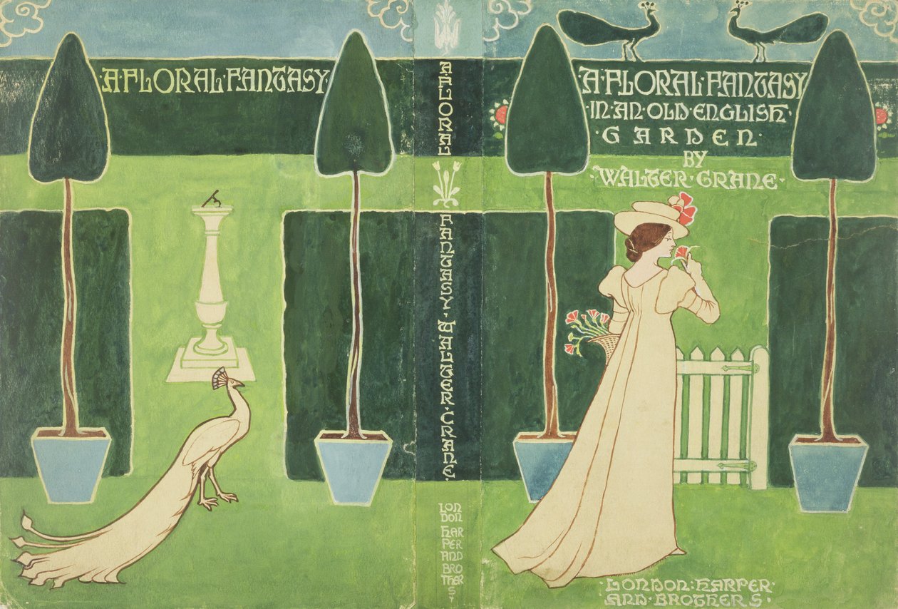 Kirja Takkisuunnittelu Walter Cranen kukkafantasialle vanhassa englantilaisessa puutarhassa, noin 1890-luku tekijältä Walter Crane
