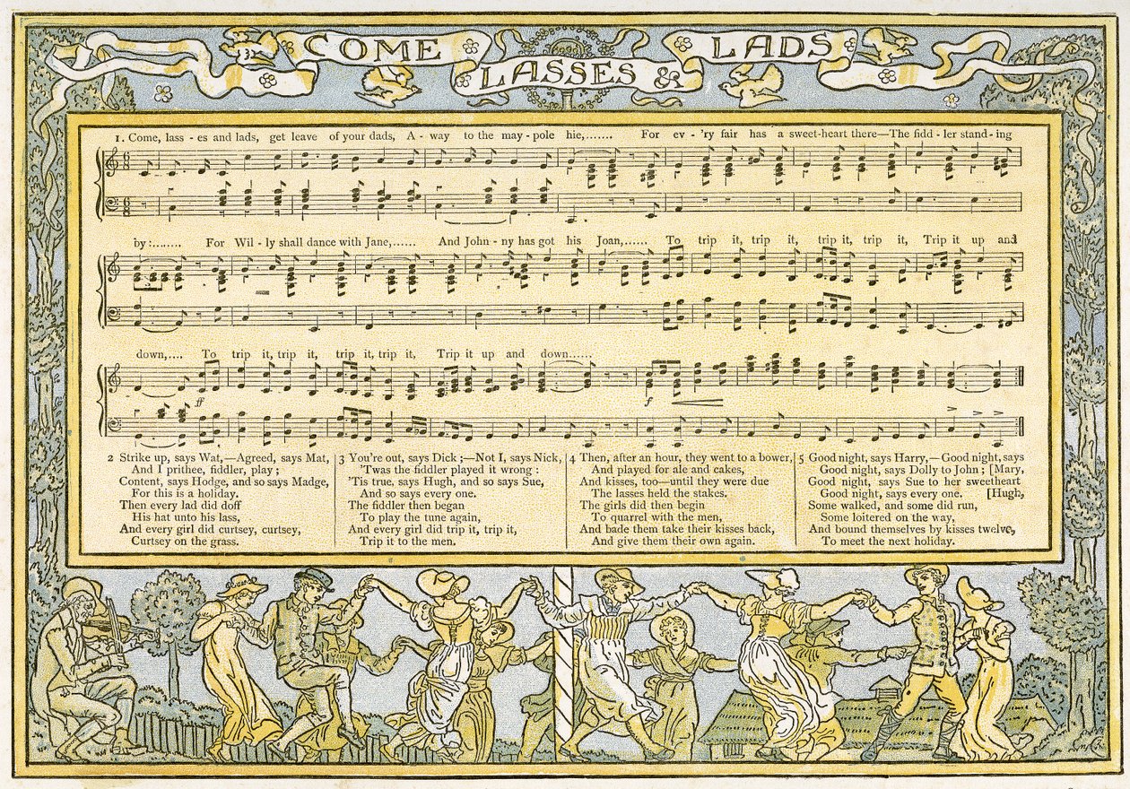 "Tulkaa, tytöt ja pojat, lähdetään isienne luota, pois toukokuulle, hie", laulun kuvitus teoksesta "Pan-Pipes", A Book of Old Songs, Newly Arranged and with Accompaniments by Theo. Marzials, julkaistu tekijältä Walter Crane