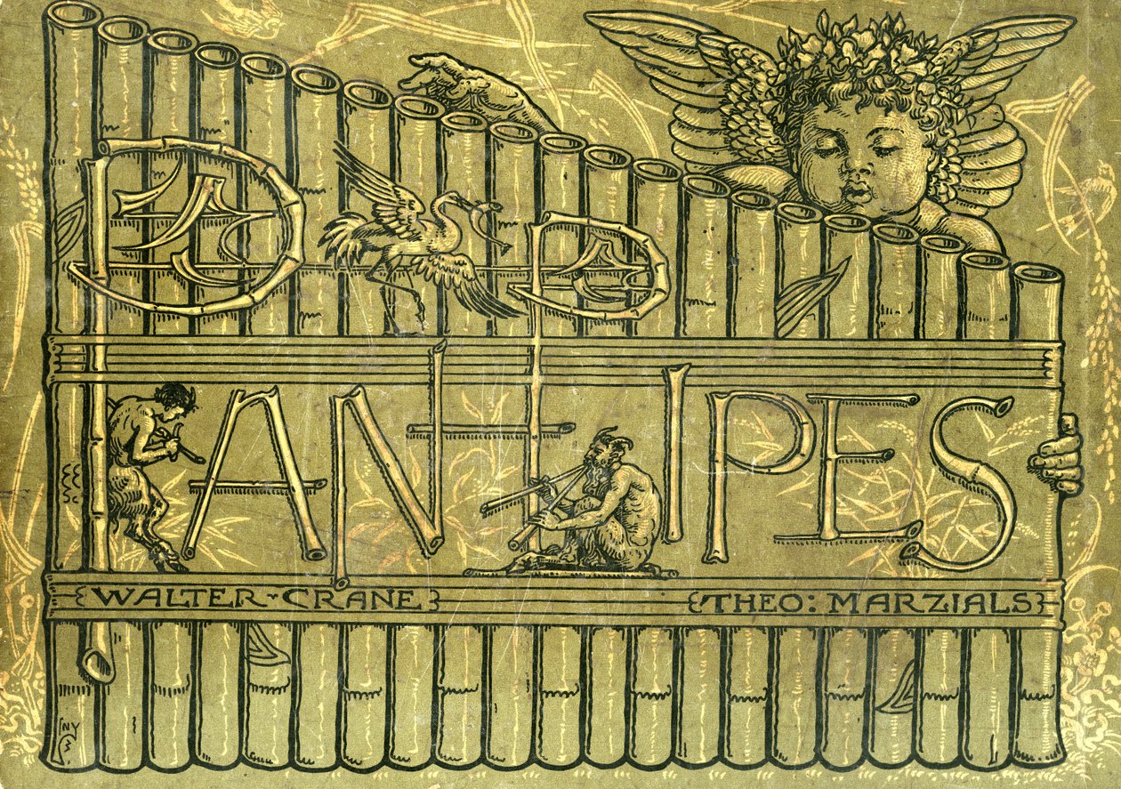 Kansikuva teokselle "Pan-Pipes", Vanhojen laulujen kirja, vastasovitettu ja säestettynä Theo. Marzials, julkaissut Lontoossa George Routledge und Sons, 1884 tekijältä Walter Crane