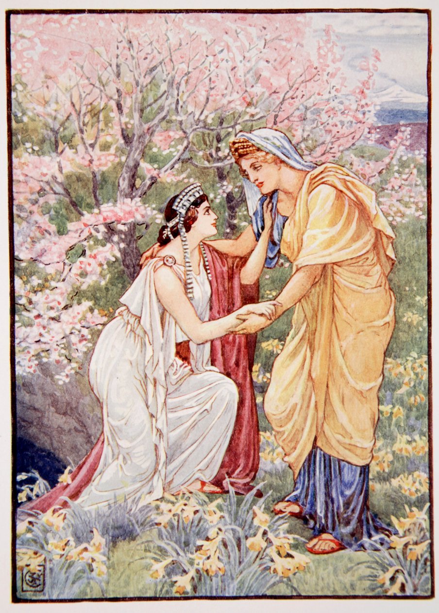 Demeter iloitsi, sillä hänen tyttärensä oli hänen rinnallaan, kuvitus Mary Macgregorin Kreikan tarinasta, 1. painos, 1913 (väripainatus) tekijältä Walter Crane