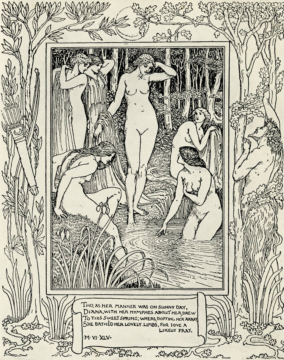 Diana ja hänen nymfinsä, kuvitus Edmund Spenserin (n. 1552-99) "Faerie Queen" -elokuvaan tekijältä Walter Crane