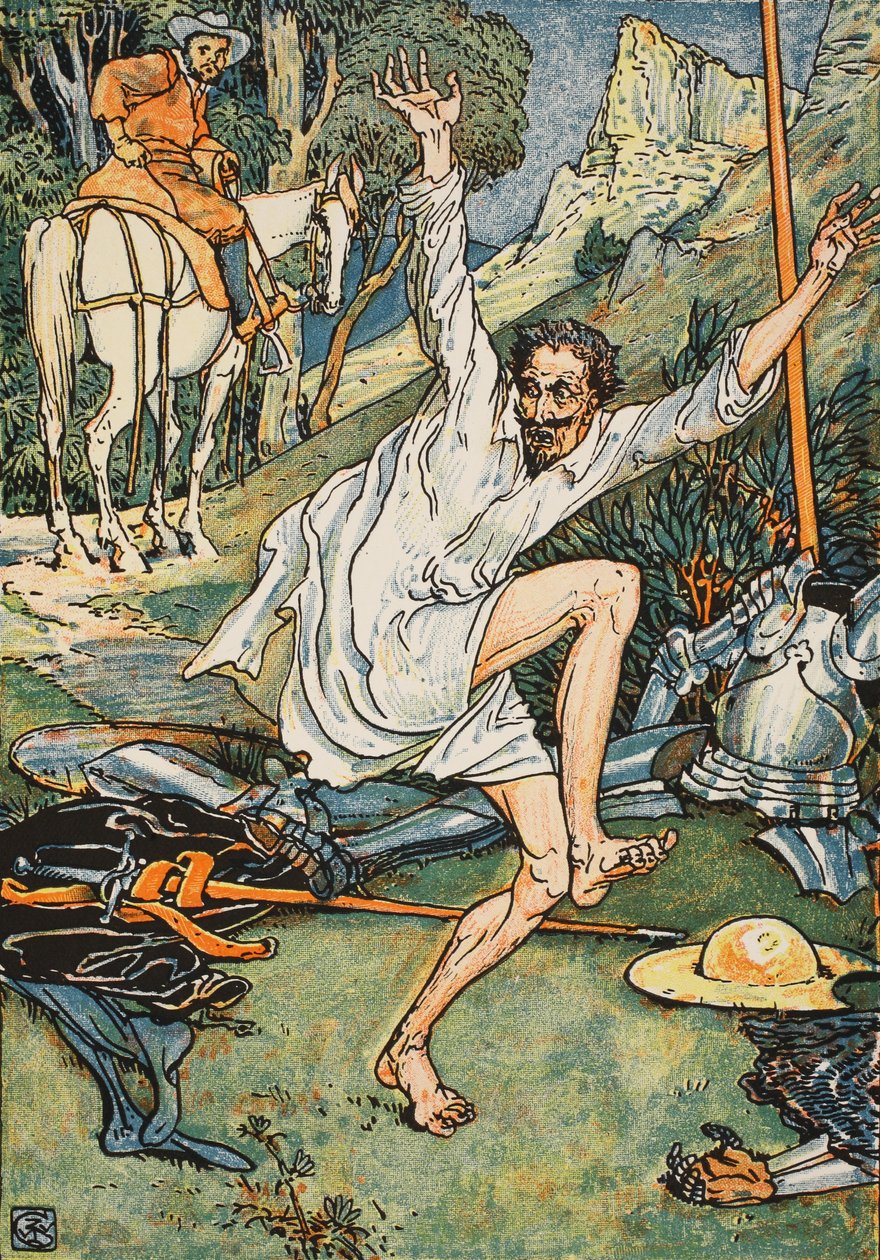 Don Quijote tekee katumusta, kuvitus "Don Quijote of the Mancha" -kappaleesta, jonka on kertonut tuomari Parry, pub. Blackie und Son Ltd, Lontoo, 1900 tekijältä Walter Crane