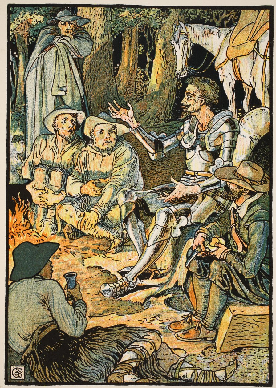 Don Quijote ja vuohipaimenet, kuvitus "Don Quijote of the Manchasta", jonka on kertonut tuomari Parry, pub. Blackie und Son Ltd, Lontoo, 1900 tekijältä Walter Crane