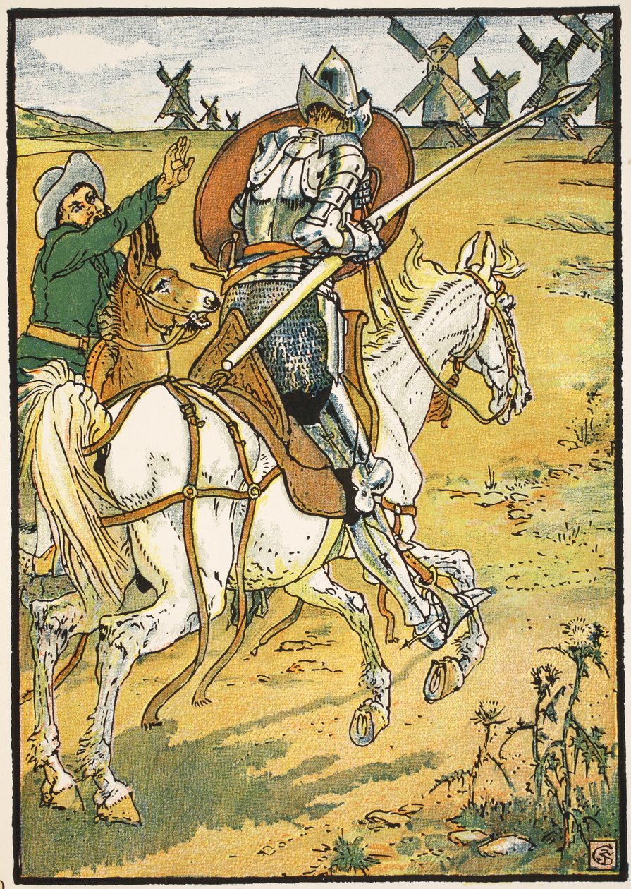 Don Quijote ja tuulimyllyt, kuvitus "Don Quijote of the Mancha", jonka on kertonut tuomari Parry, pub. Blackie und Son Ltd, Lontoo, 1900 tekijältä Walter Crane