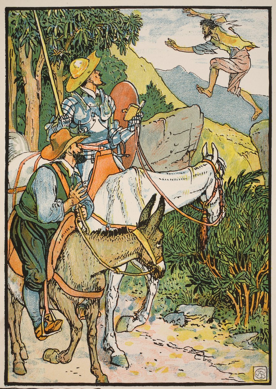 Don Quijote tapaa Cardenion, kuvitus "Don Quijote of the Manchasta", jonka on kertonut tuomari Parry, pubi. Blackie und Son Ltd, Lontoo, 1900 tekijältä Walter Crane