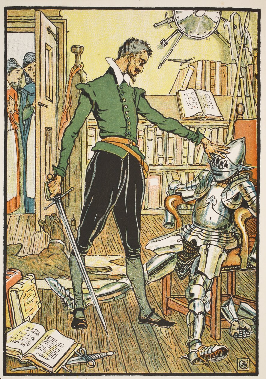 Don Quijote testaa kypärää, kuvitus "Don Quijote of the Manchasta", jonka on kertonut tuomari Parry, pubi. Blackie und Son Ltd, Lontoo, 1900 tekijältä Walter Crane