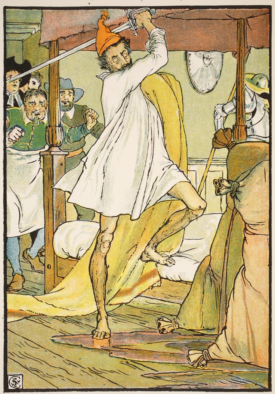 Don Quijoten poikkeuksellinen taistelu, kuvitus "Don Quijote of the Manchasta", jonka on kertonut tuomari Parry, pub. Blackie und Son Ltd, Lontoo, 1900 tekijältä Walter Crane