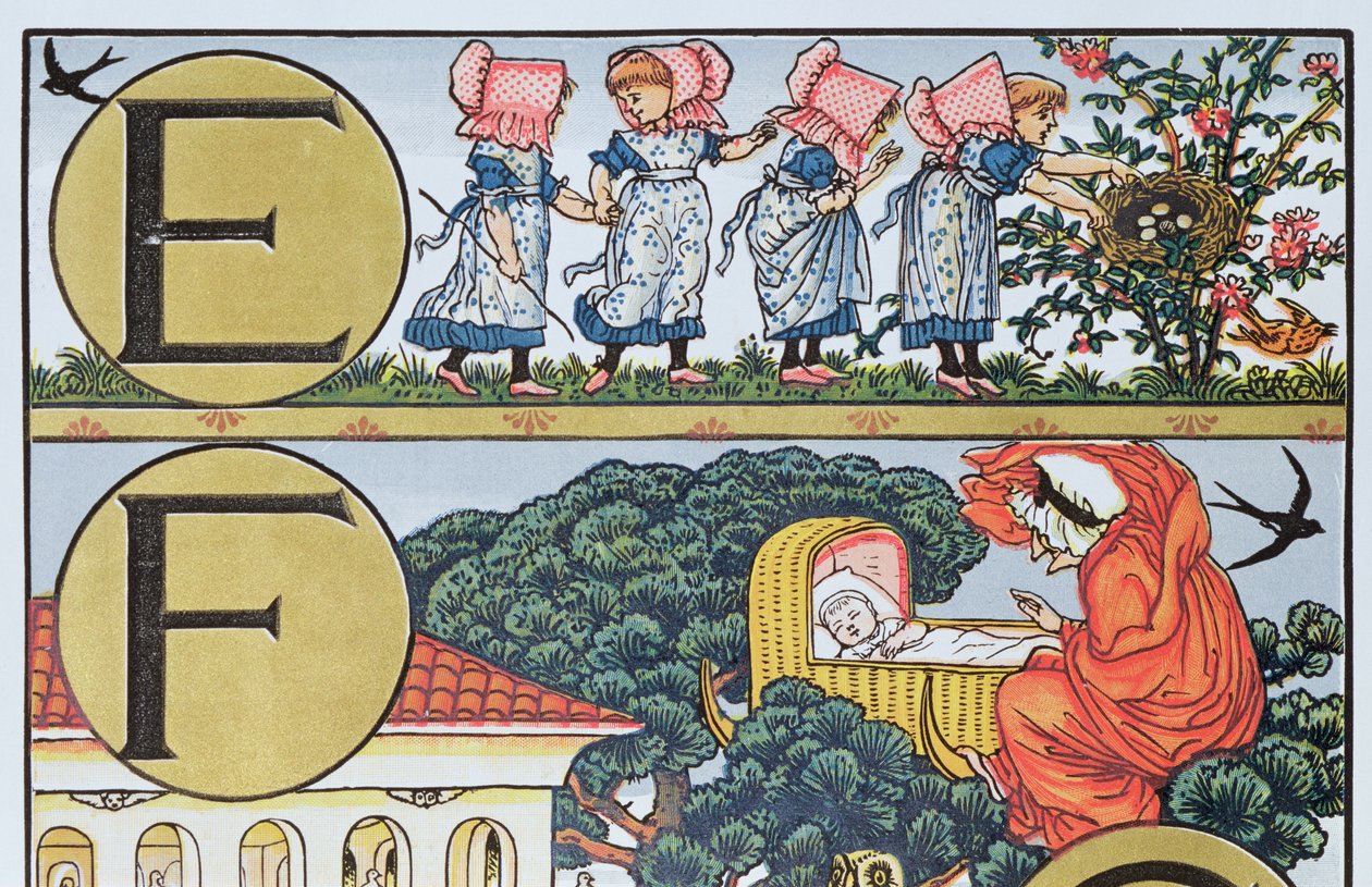 E-F, loruihin perustuvasta aakkosesta (värikaiverrus) tekijältä Walter Crane