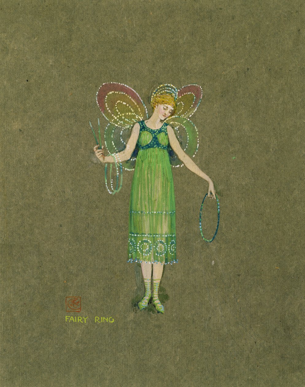 Fairy Ring, "Lumiukko" (wc ruskealle paperille) tekijältä Walter Crane