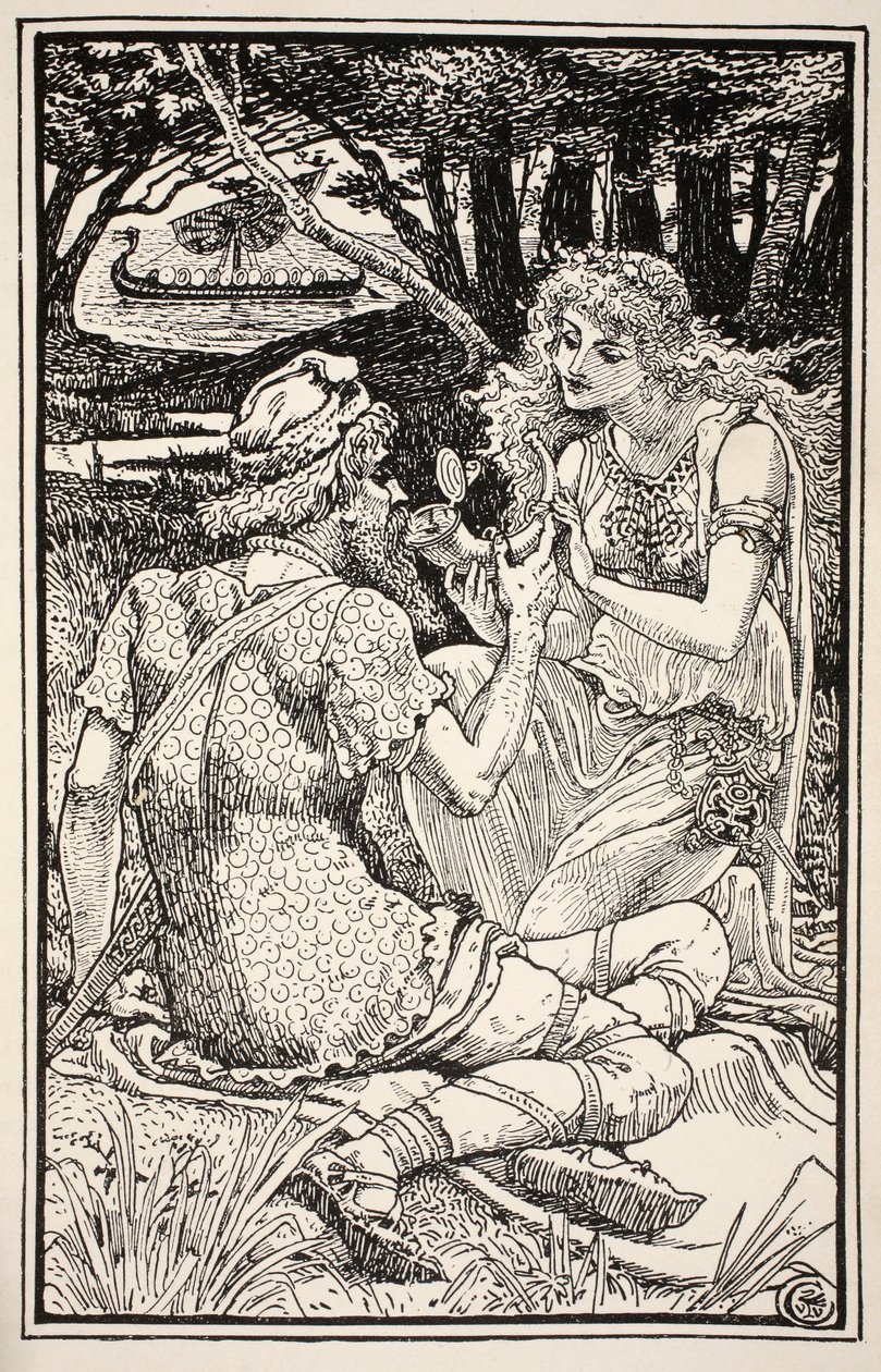 "Olen juonut täällä sankarin arvoista", sanoi Sunbright hymyillen, kuvitus rouva Burton Harrisonin kansanperinteistä ja saduista, 1885. tekijältä Walter Crane