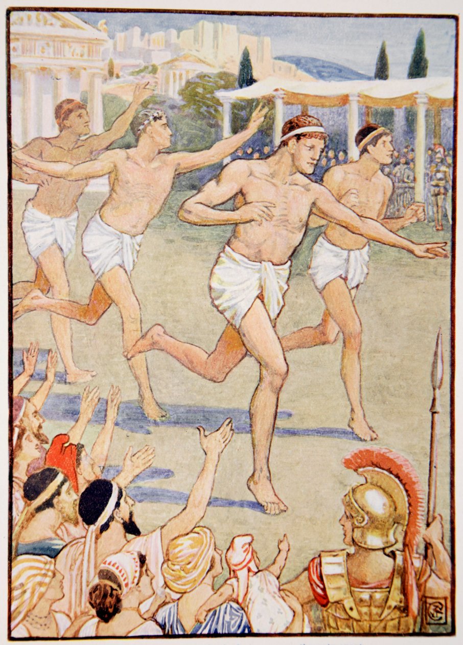 Varhaisina aikoina yksinkertainen jalkakilpailu oli ainoa tapahtuma, kuvitus Mary Macgregorin Kreikan tarinasta, 1. painos, 1913 (väripainatus) tekijältä Walter Crane