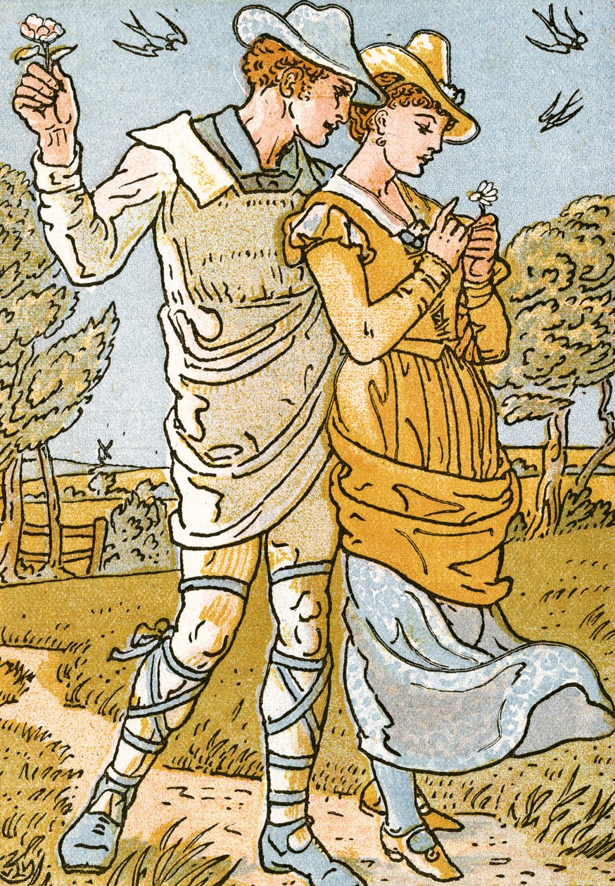 "It was a Lover and his Lass", laulukuvitus teoksesta "Pan-Pipes", Vanhojen laulujen kirja, vastikään sovitettu ja säestettynä Theo. Marzials, julkaissut Lontoossa George Routledge und Sons, 1884 ( tekijältä Walter Crane