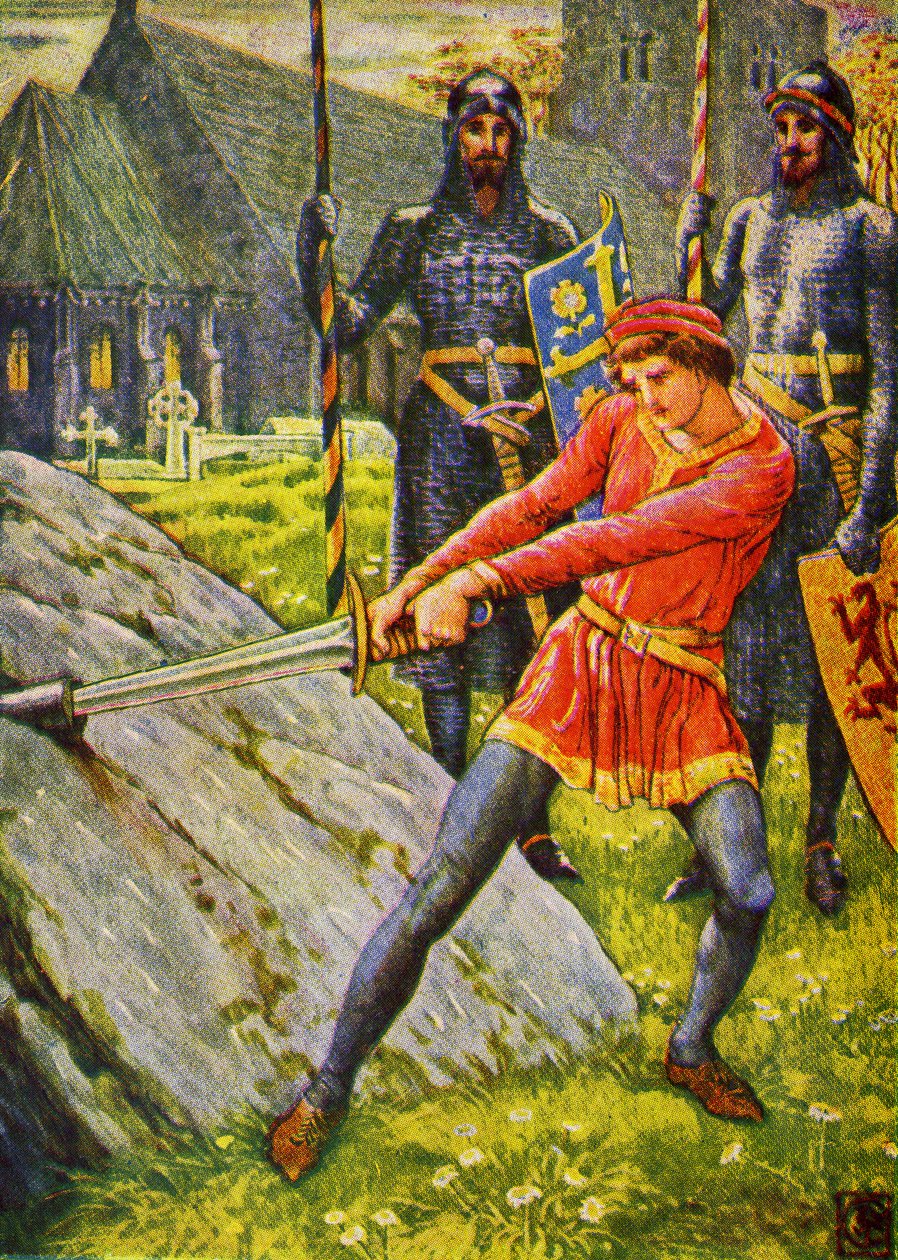 Kuningas Arthur vetää miekan kivestä. tekijältä Walter Crane
