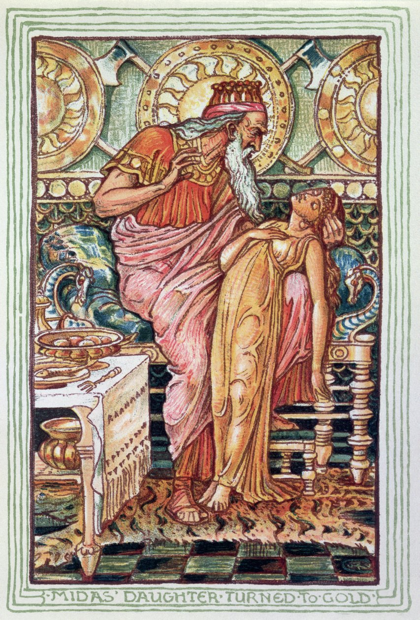 Kuningas Midas ja hänen tyttärensä muuttuivat kullaksi, kuvitus Kreikan mytologisesta legendasta, julkaistu Lontoossa vuonna 1910 tekijältä Walter Crane