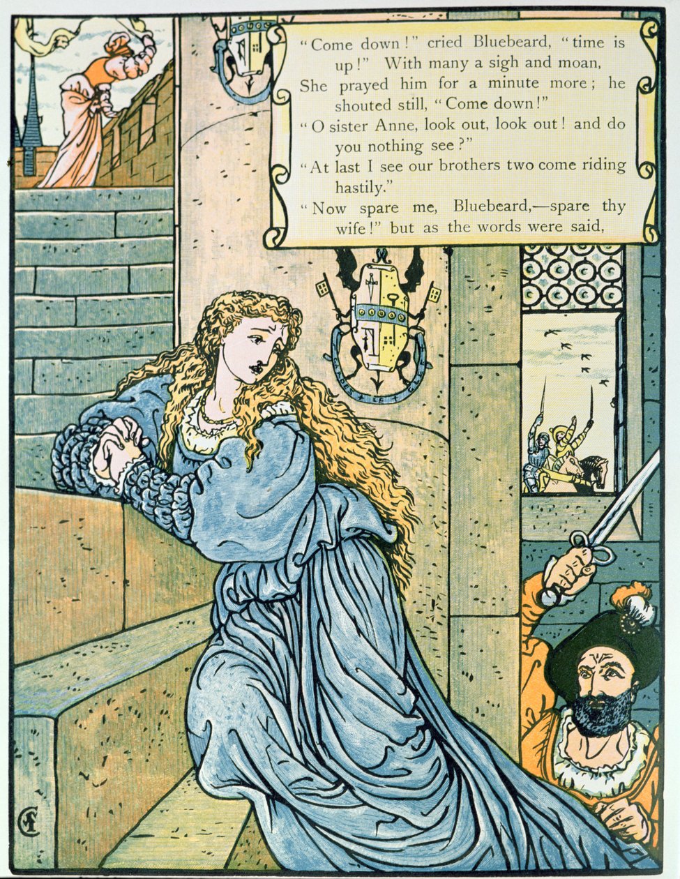 "Oi sisar Anne, ettekö näe mitään", kuvitus Charles Perraultin (1628-1703) "Sinisiparta" (värikaiverrus) tekijältä Walter Crane