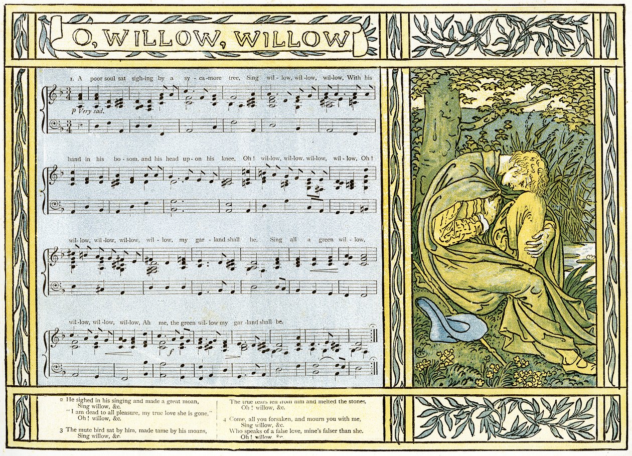 "O Willow, Willow", perinteinen englantilainen kansanlaulu, kuvitus teoksesta "Pan-Pipes", Vanhojen laulujen kirja, Theon vastikään sovitettu ja säestettynä. Marzials julkaisi Lontoossa George Routledge tekijältä Walter Crane
