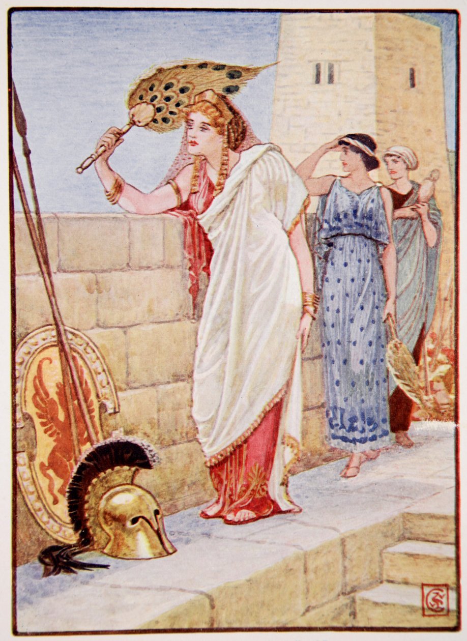 Usein hän seisoi Troijan muureilla, kuvitus Mary Macgregorin teoksesta The Story of Greece, 1. painos, 1913 (värituloste). tekijältä Walter Crane