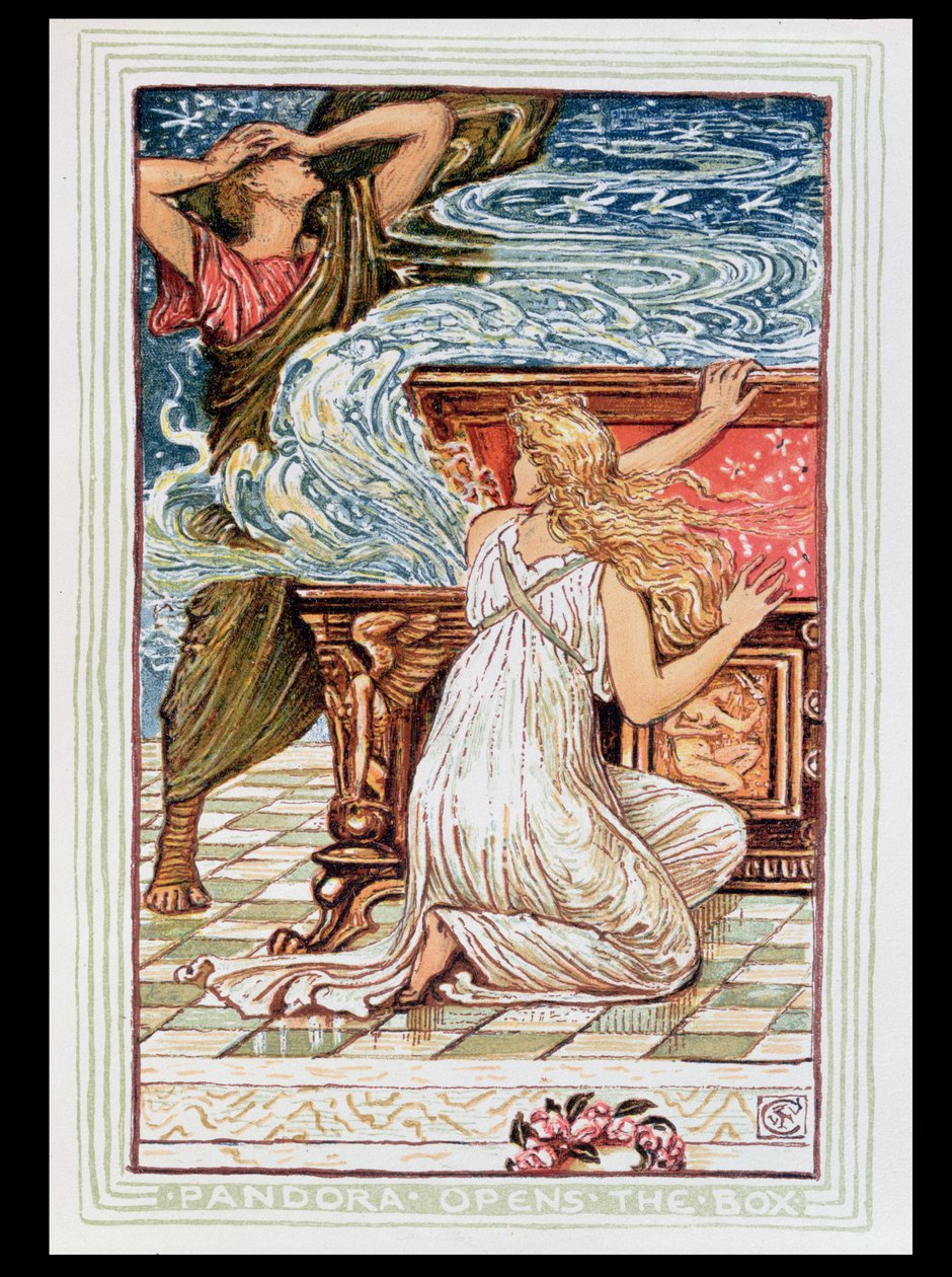 Pandora avaa lippaan, joka kuvaa vuonna 1910 julkaistua Kreikan mytologista legendaa. tekijältä Walter Crane