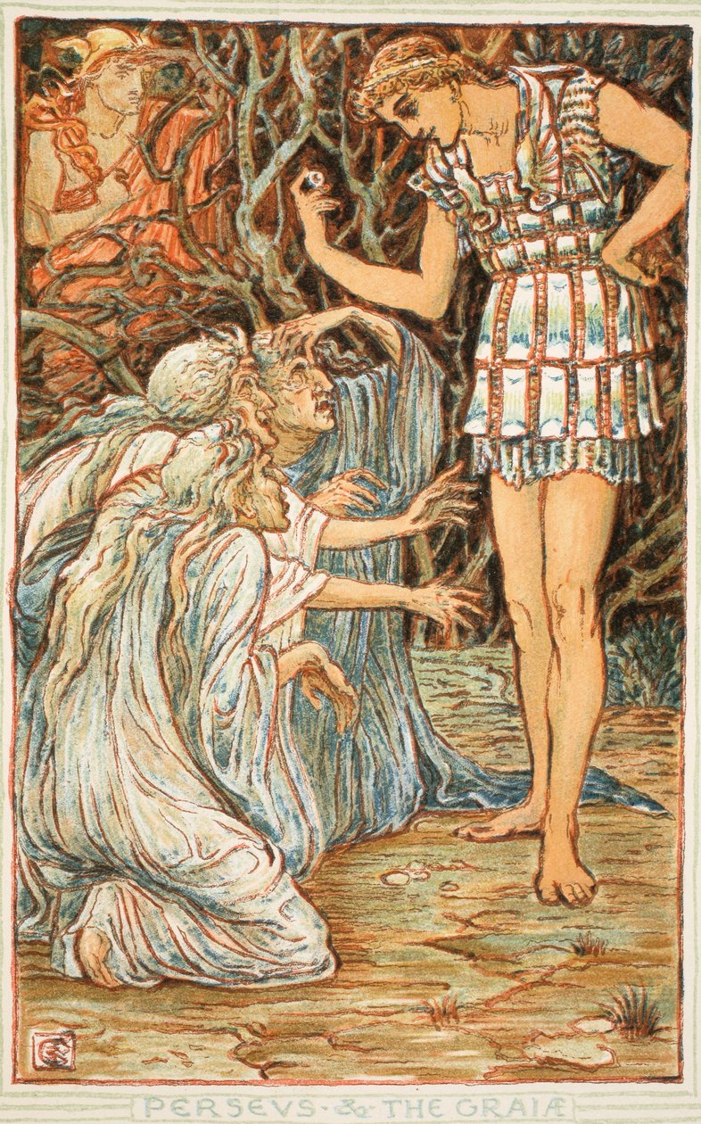 Perseus ja Graia, kuvitus Nathaniel Hawthornen "Ihmekirjasta tytöille ja pojille", 1852 tekijältä Walter Crane