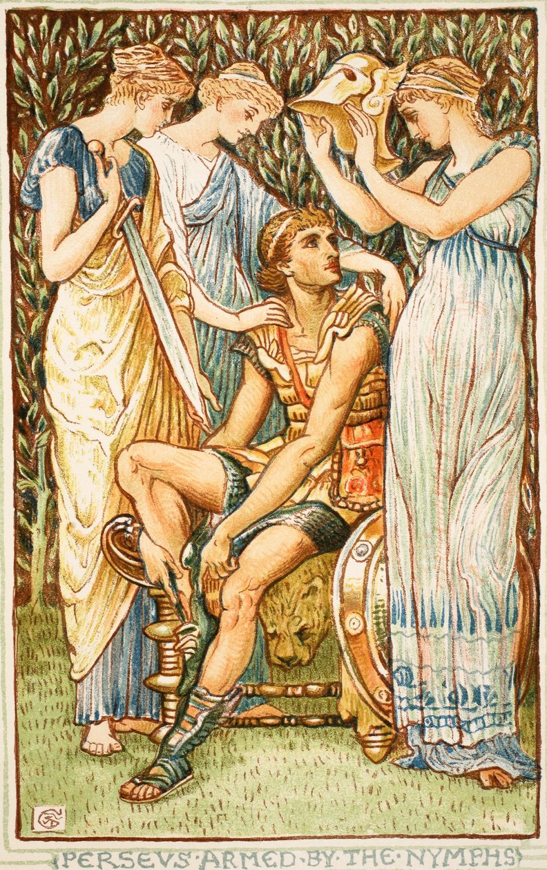 Nymfien aseistama Perseus, kuvitus Nathanial Hawthornen "Ihmekirjasta tytöille ja pojille", 1852 tekijältä Walter Crane