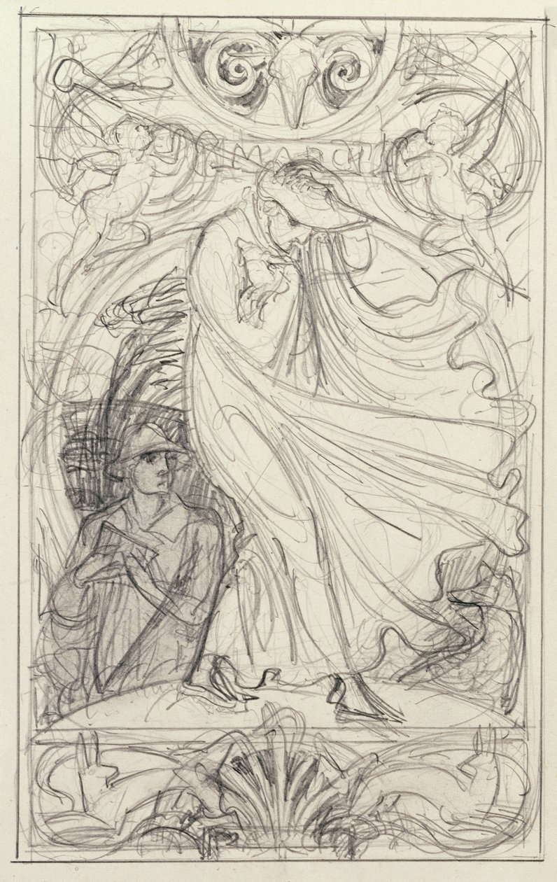 Valmisteleva piirustus kalenteriin, n. 1890 (lyijykynä & kynä ja muste pesulla paperille) tekijältä Walter Crane