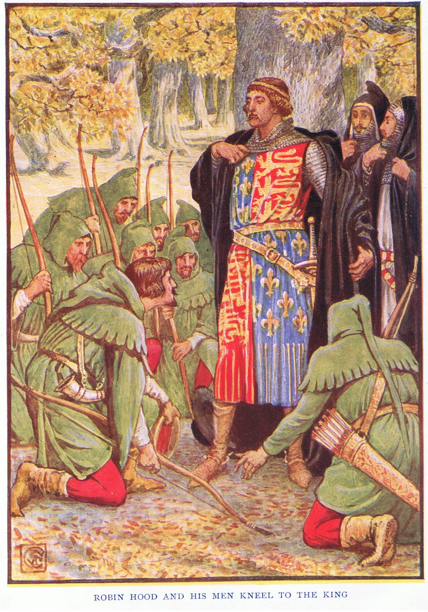 Robin miehineen polvistuu kuninkaalle, noin 1920 tekijältä Walter Crane