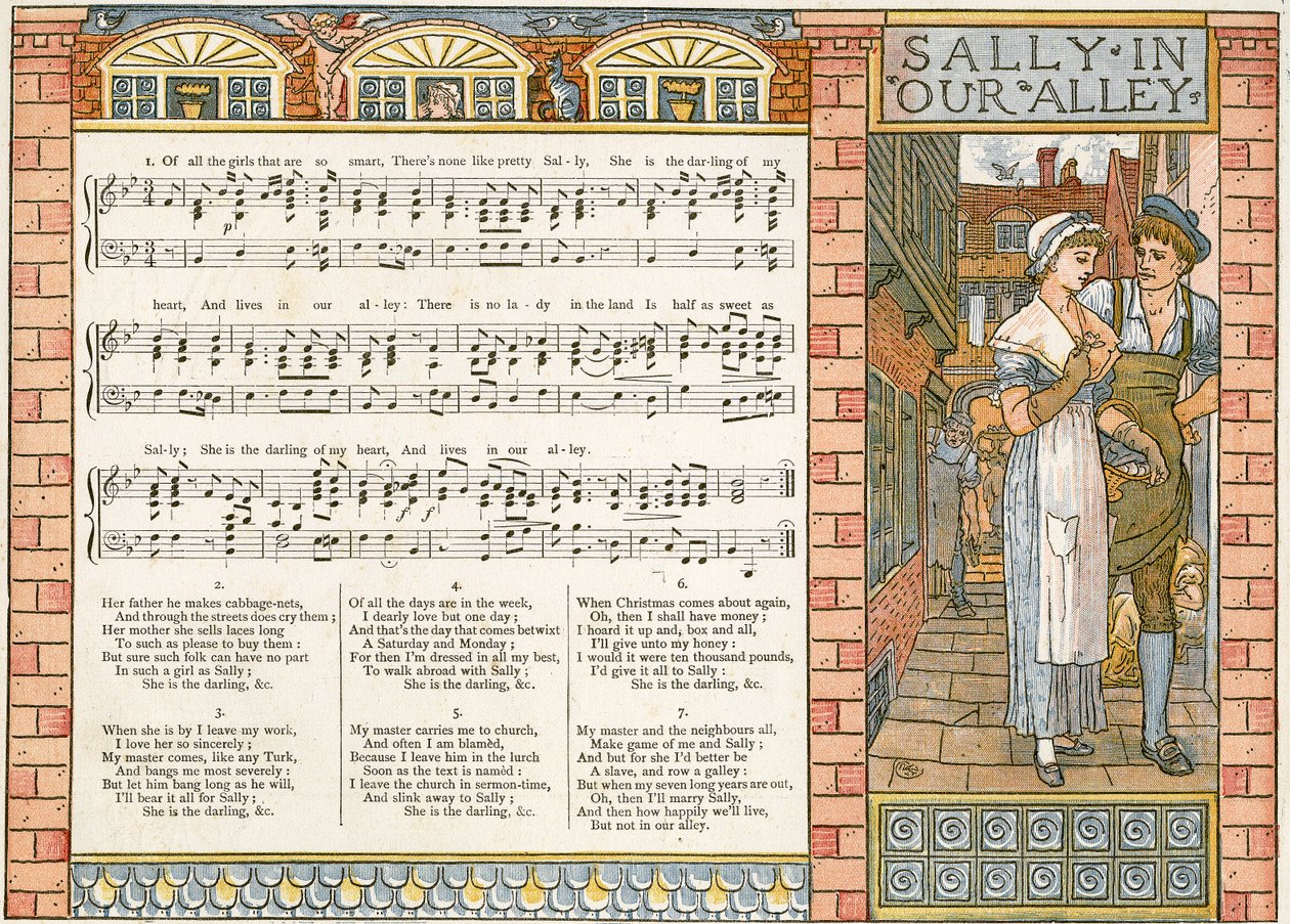 "Sally in our Alley", laulukuvitus teoksesta "Pan-Pipes", Vanhojen laulujen kirja, vastikään sovitettu ja säestettynä Theo. Marzials, julkaissut Lontoossa George Routledge und Sons, 1884 (väri li tekijältä Walter Crane