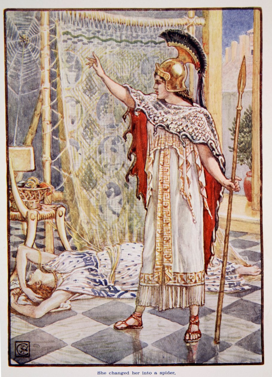 Hän muutti hänet hämähäkkiksi, piirros Mary Macgregorin "Kreikan tarinasta", 1. painos, 1913 (väripainatus) tekijältä Walter Crane