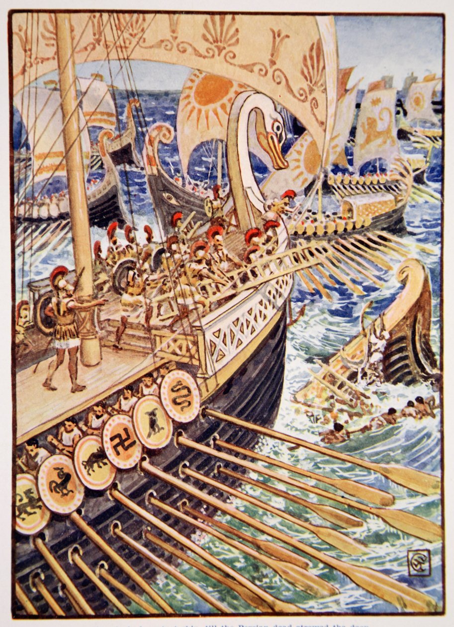 Laiva törmäsi alusta vastaan, kunnes persialaiset kuolleet levittivät syviä "kukkia", kuvitus Mary Macgregorin kirjasta "The Story of Greece", 1. painos, 1913 (väripainatus) tekijältä Walter Crane